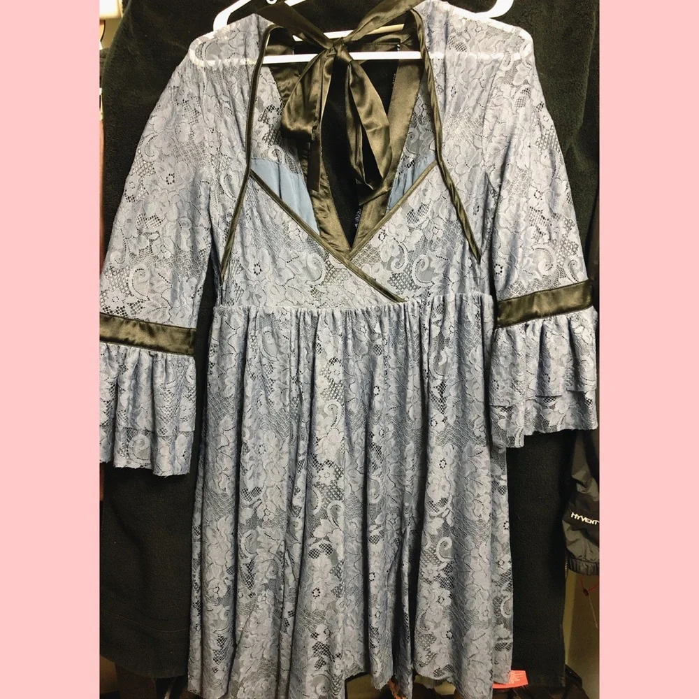 Free People Slate Blue Lace Midi Dress with Black Trim - Picture 4 of 4